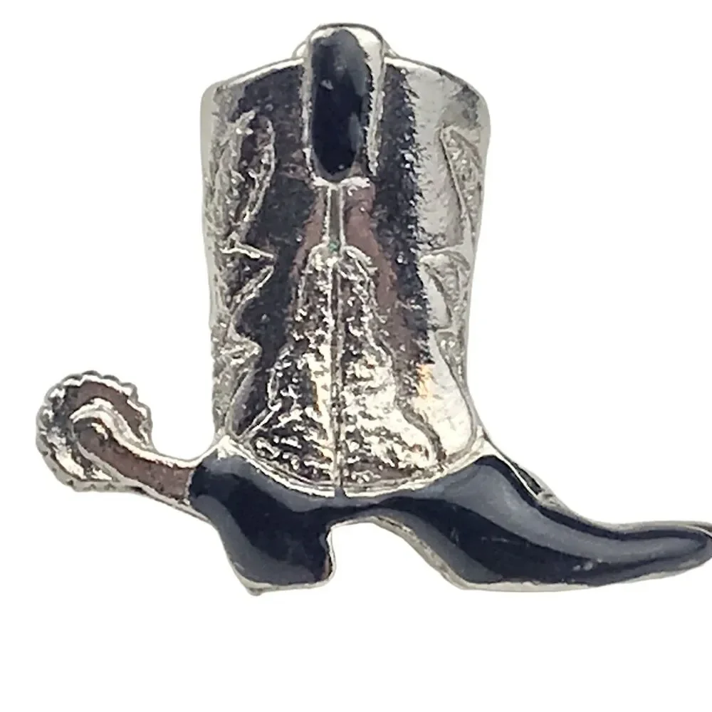 Boot With Spur Vintage Pin Brooch Silver Tone Black Enamel With Spur Cowboy West